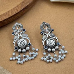 NAMAN ARTS Silver-Plated Artificial Stones And Beaded Oxidised Contemporary Drop Earrings-35