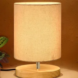 Homesake Beige Wood Industrial Cylindrical Shaped Table Lamp-37