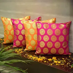 RoyalDeco Mandala Magenta 4 Pieces Ethnic Motifs Brocade Silk Square Cushion Covers-image-65
