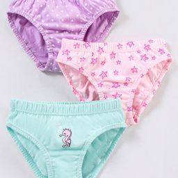 Babyhug 100% Cotton Floral & Star Fish Printed Panties Pack of 3 - Purple & Sea Green-image-90