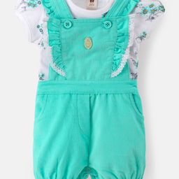 ToffyHouse Half Sleeves Tee With Dungaree Style Romper Floral Print- White & Green-image-38
