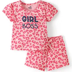 Doodle Poodle 100% Cotton Knit Half Sleeves Text Printed Night Suit- Pink-picture-21