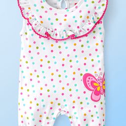 Babyhug 100% Cotton Sleeveless Romper with Frill Detailing & Butterfly Patch - White-image-68