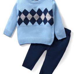 Babyhug Knit Full Sleeves Pull Over Sweater Set with Argyle Design - Light Blue-picture-11
