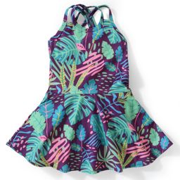 Babyhug Sleeveless  Racer Back Frock Style Swimsuit Leaves Print  - Purple-image-25