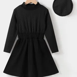 Kookie Kids Full Sleeves Solid Party Dress with High Neck - Black-picture-1