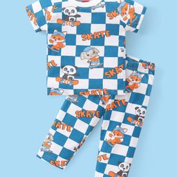 Babyhug Cotton Knit Half Sleeves Night Suit with Panda & Elephant Print - Blue & White-image-90
