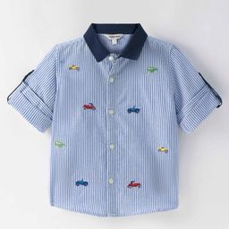 ToffyHouse 100% Woven Cotton Yarn Dyed Striped Full Sleeves Regular Collar Shirt  with Car Embroidery - Blue-image-91
