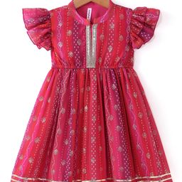 Babyhug Woven Frill Sleeves Foil Printed Ombre Ethnic Dress with Sequins - Fuschia & Orange-image-40