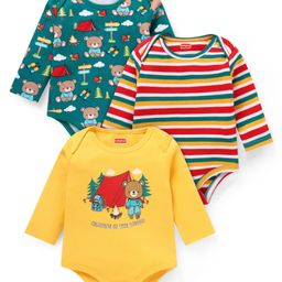 Babyhug 100% Cotton Knit Full Sleeves Onesies with Striped & Bear Print Pack of 3- Yellow Dark Green & Red-image-11