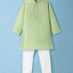 Robo Fry Silk Full Sleeves Kurta Pyjama Set with Textured Detailing- Light Green & White-image-97