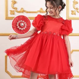 Mark & Mia Woven Balloon Sleeves Party Dress with Pearl Embellishments - Red-image-32
