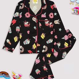 Pyjama Party Cotton Rayon Woven Full Sleeves Unicorns Printed Shirt & Coordinating Pajama Set - Black-image-84