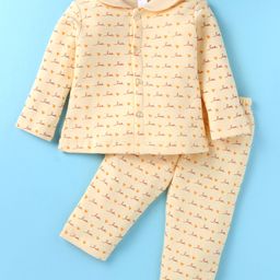 Tango Fleece Knit Winter Wear Front Open Night Suit with Peter Pan Collar & Text Print - Yellow-image-82