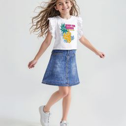 Ollington St. 100% Cotton Knit Frill Sleeves Pineapple Printed Top & Denim Skirt Set - White & Blue-picture-16