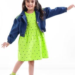Ollington St. Denim KnitFull Sleeves Jacket With Polka Dots PrintedFrock - Indigo & Lime Green-picture-22