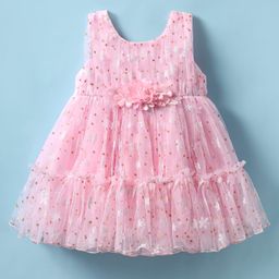 Babyhug Woven Sleeveless Mesh Dress with Foil Print & Floral Applique - Light Pink-image-29