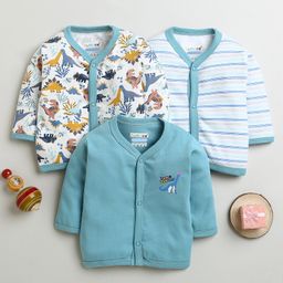BUMZEE Cotton Pack Of 3 Full Sleeves Dinosaurs Printed & Striped Jhablas - Dusty Blue & White-picture-0