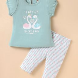 ToffyHouse Interlock Knit Half Puffed Sleeves Striped Night Suit with Hearts & Birds Print - Mint & White-picture-15