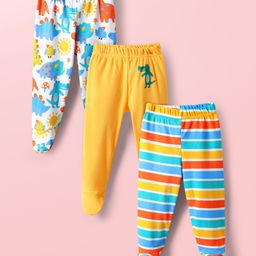 Babyhug Cotton Knit Full Length Bootie Leggings With Dino Print & Stripes Pack Of 3 - Yellow White & Blue-image-81