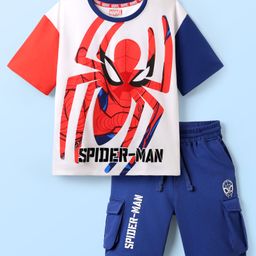 Pine Kids Marvel Single Jersey Knit Half Sleeves Drop Shoulder T-Shirts & Short Set With Spider-Man Graphics -Navy Blue & Red-image-41