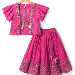 Babyhug Woven Half Sleeves Georgett Embroidered Choli Lehenga With Shrug Set - Fuschia-image-51