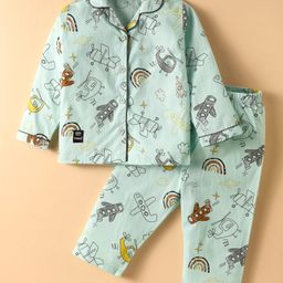 Enfance Core Cotton Woven Full Sleeves Rainbow Printed Coordinating Night Suit Set - Pista-image-42