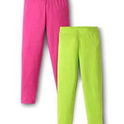 Pine Kids Cotton Knit Full Length Solid Colour Leggings Pack Of 2 - Pink & Lime Green-image-84