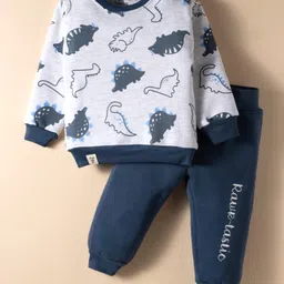Little Darlings Fleece Knit Full Sleeves Winter Night Suit with Dino Print - Navy Blue-picture-14