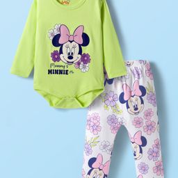 Babyhug Disney Interlock Knit Full Sleeves Onesies with Diaper Legging & Minnie Mouse Graphics - Light Green & White-picture-25