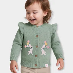 Mi Arcus Knit Full Sleeves Bunny & Floral Embroidered Frill Detailed Cardigan - Light Green-picture-33