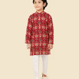 little desi Cotton Woven Full Sleeves Ethnic Printed Kurta Pyjama Set - Red-picture-19
