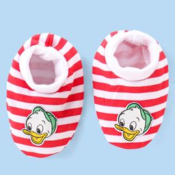 Babyhug Disney Interlock Knit Striped Cap Mittens & Booties Set with Donald Duck Graphics - Red & White image 2