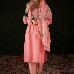 Indo Era Women Floral Embroidered Regular Thread Work Chanderi Silk Kurta with Trousers & With Dupatta-image-34