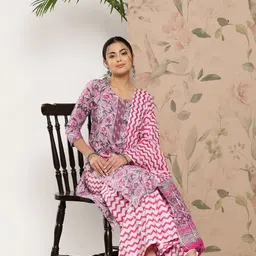 KALINI Ethnic Motifs Printed Thread Work Pure Cotton Kurta With Sharara & With Dupatta image 4