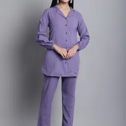 CORSICA Striped Cotton Collared Neck Long Sleeve Shirt With Trouser Co-Ords-image-97