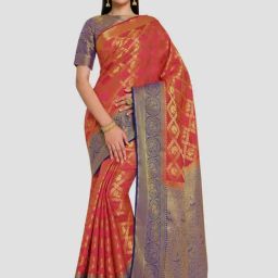 Mimosa Pink & Golden Woven Kanchipuram Saree With Unstitched Blouse-image-96