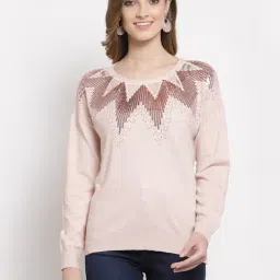 Mafadeny Peach Embellished Round Neck Sweater-image-35