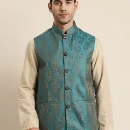 SOJANYA Blue & Gold Regular Fit Jacquard Nehru Jacket-picture-15