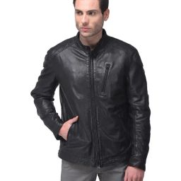 Woods Black Mandarin Collar Leather Jacket-image-35