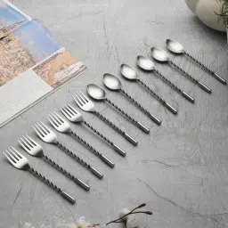 VarEesha Silver Steel Twisted Handle Cutlery Small Spoons & Forks - Set of 12-22