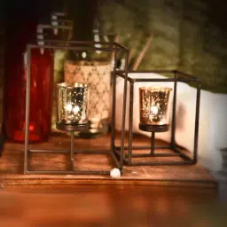 HOSLEY Black Iron Decorative Tealight Holders with Glass - Set of 2-image-21