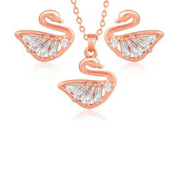 Peora Rose Gold Plated Contemporary Baguette Stone Swan Stud Pendant & Earring-15