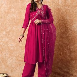 KALINI Floral Embroidered Thread Work A Line Pure Silk Kurta With Trousers & Dupatta-picture-20