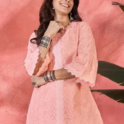 Sangria Embroidered Pure Cotton Bell Sleeves Schiffli Kurtis-image-15