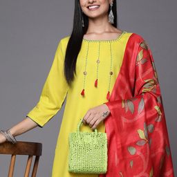Varanga Women Lime Green Yoke Design Thread Work Kurta with Trousers & Dupatta-picture-17
