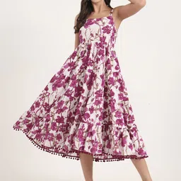 KALINI Floral Print with Pom-Pom Detail Fit & Flare Midi Dress-image-76