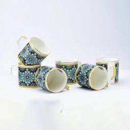 Golden Queens Yellow & Blue Ceramic Classic Abstract Tea Cups - Set of 6 (200 ml)-5