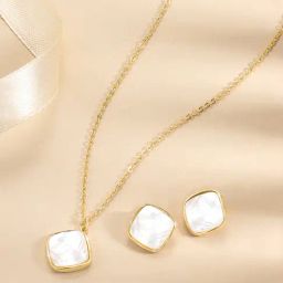 Peora Gold Plated Contemporary Square Shape Stud Pendant & Earring-image-37