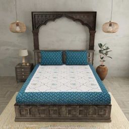 JaipurFabric Blue Pure Cotton 280 TC Jaipuri Jharokha Double Bedsheet with 2 Pillow Covers-image-3